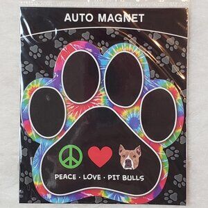 "Peace • Love • Pit Bulls" Groovy Tie Dye Paw-Shaped Auto Refrigerator Magnet